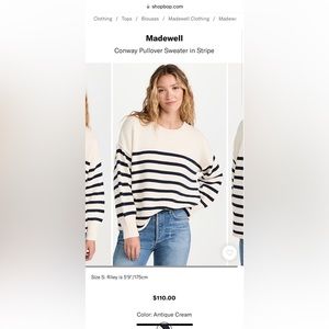 Madewell Conway Pullover Sweater in Antique Cream and Navy Stripe, XS